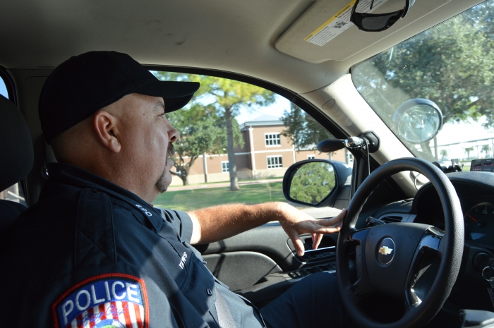 Officer Mike Yaws patrols the streets of Edna, Texas