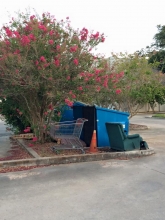 The dumpster behind Kiny's, surrounded by dumped furniture and a shopping cart.